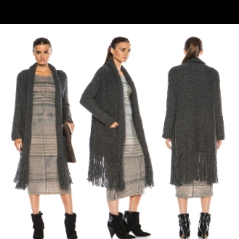 Raquel Allegra Alpaca Wool Open Cardigan Boho Handmade Fringe Charcoal Soft 2 M